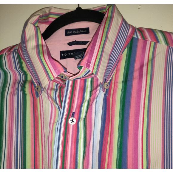 VTG Tommy Hilfiger Men's Shirt XL Striped Multicolor Rainbow Colors Cotton - Picture 4 of 16